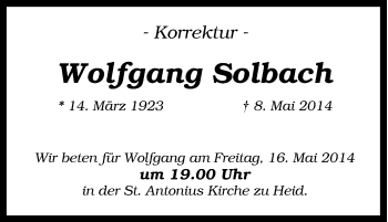 Traueranzeige von Wolfgang Solbach von Tageszeitung