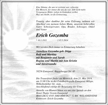 Traueranzeige von Erich Gozemba von Tageszeitung