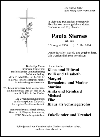 Traueranzeige von Paula Siemes von Tageszeitung