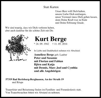 Traueranzeige von Kurt Berge von Tageszeitung