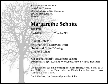 Traueranzeige von Margarethe Schotte von Tageszeitung