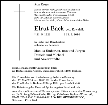 Traueranzeige von Elrut Bäck von Tageszeitung