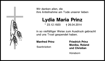Traueranzeige von Lydia Maria Prinz von Tageszeitung