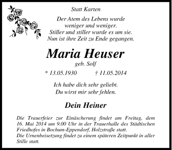 Traueranzeige von Maria Heuser von Tageszeitung