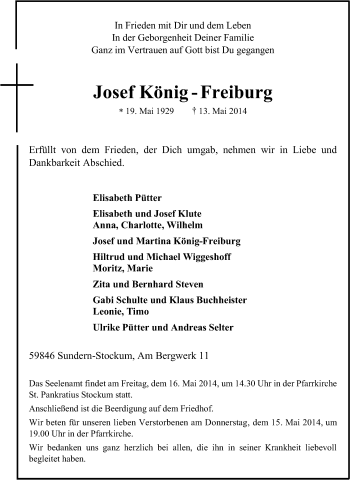 Traueranzeige von Josef König-Freiburg von Tageszeitung