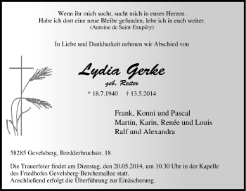 Traueranzeige von Lydia Gerke von Tageszeitung