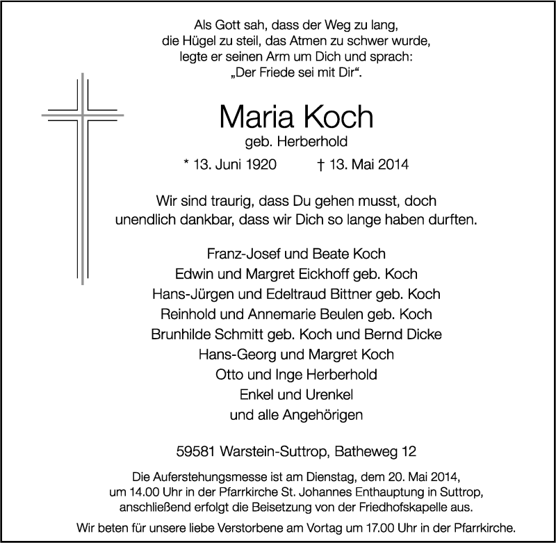  Traueranzeige für Maria Koch vom 16.05.2014 aus Tageszeitung