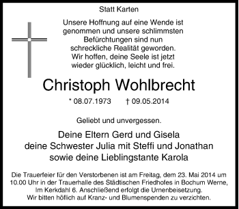 Traueranzeige von Christoph Wohlbrecht von Tageszeitung
