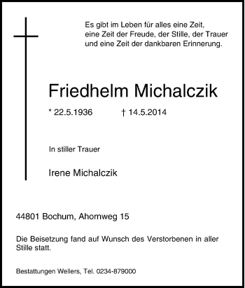 Traueranzeige von Friedhelm Michalczik von Tageszeitung