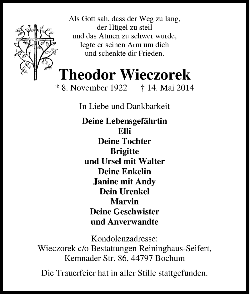  Traueranzeige für Theodor Wieczorek vom 24.05.2014 aus Tageszeitung