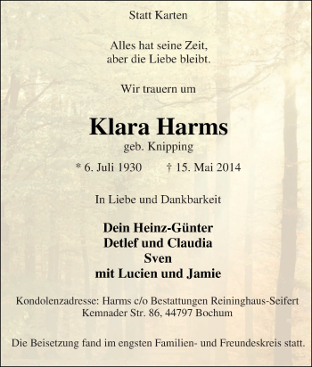 Traueranzeige von Klara Harms von Tageszeitung
