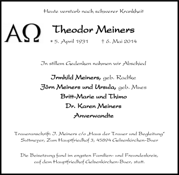 Traueranzeige von Theodor Meiners von Tageszeitung
