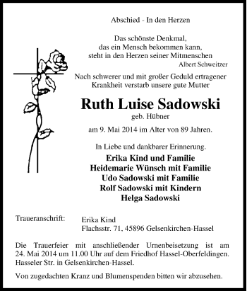 Traueranzeige von Ruth Luise Sadowski von Tageszeitung