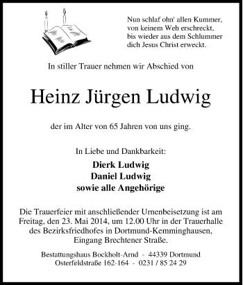 Traueranzeige von Heinz Jürgen Ludwig von Tageszeitung
