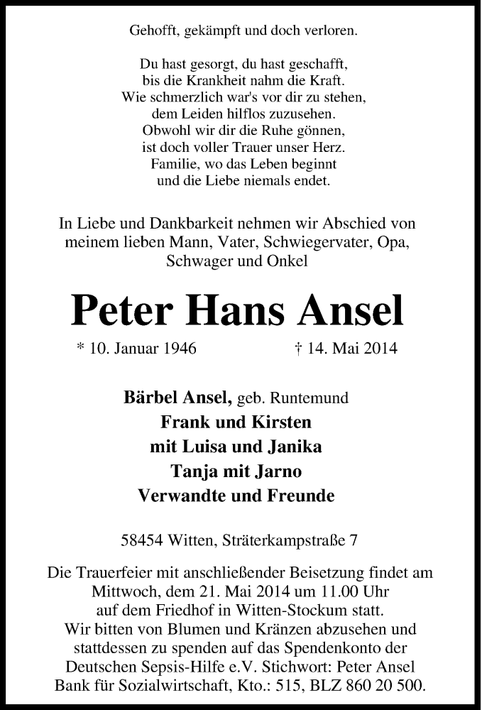  Traueranzeige für Peter Hans Ansel vom 17.05.2014 aus Tageszeitung