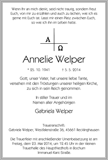 Traueranzeige von Annelie Welper von Tageszeitung