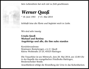 Traueranzeige von Werner Quoß von Tageszeitung
