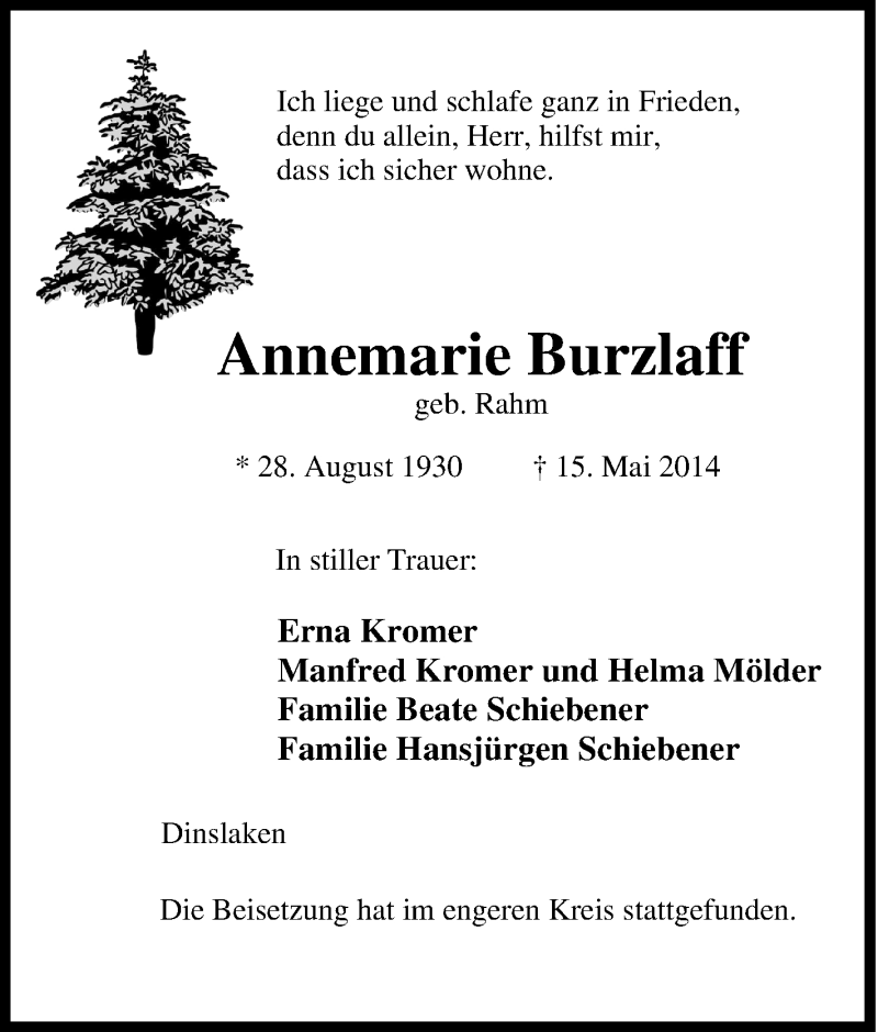  Traueranzeige für Annemarie Burzlaff vom 22.05.2014 aus Tageszeitung