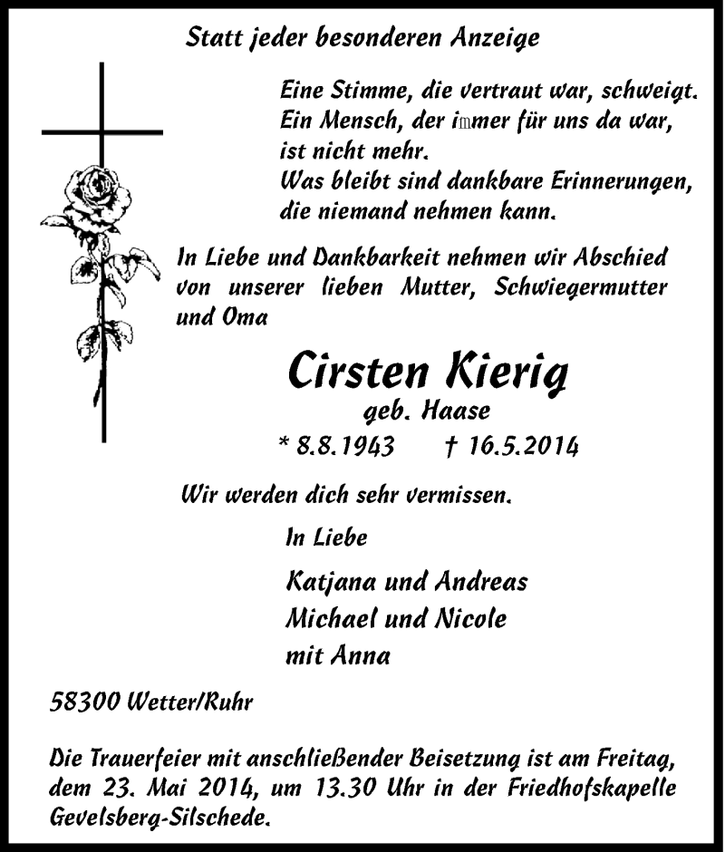  Traueranzeige für Cirsten Kierig vom 19.05.2014 aus Tageszeitung