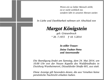 Traueranzeige von Margot Königstein von Tageszeitung