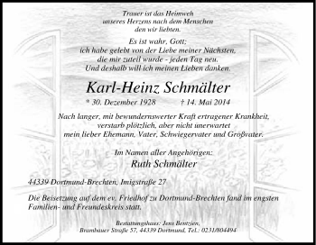 Traueranzeige von Karl-Heinz Schmälter von Tageszeitung