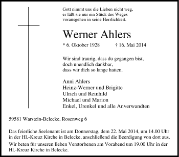 Traueranzeige von Werner Ahlers von Tageszeitung