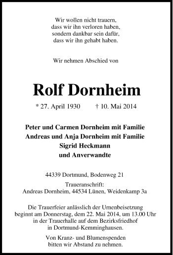Traueranzeige von Rolf Dornheim von Tageszeitung
