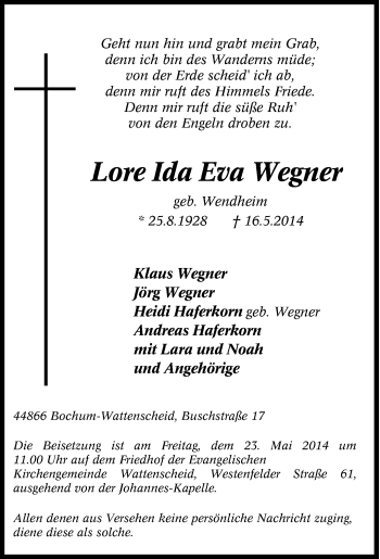 Traueranzeige von Lore Ida Eva Wegner von Tageszeitung