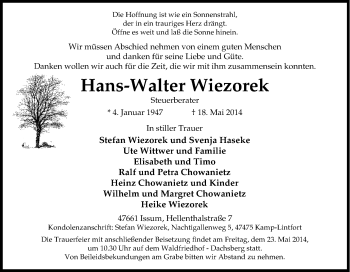 Traueranzeige von Hans-Walter Wiezorek von Tageszeitung