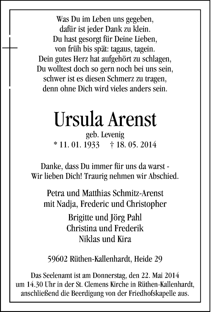  Traueranzeige für Ursula Arenst vom 20.05.2014 aus Tageszeitung
