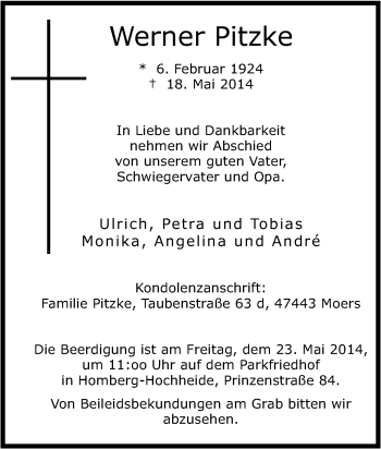 Traueranzeige von Werner Pitzke von Tageszeitung