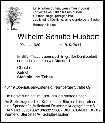 Traueranzeige von Wilhelm Schulte-Hubbert von Tageszeitung