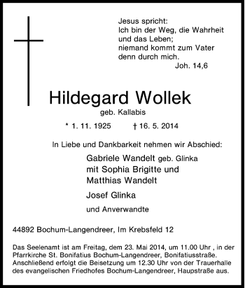 Traueranzeige von Hildegard Wollek von Tageszeitung