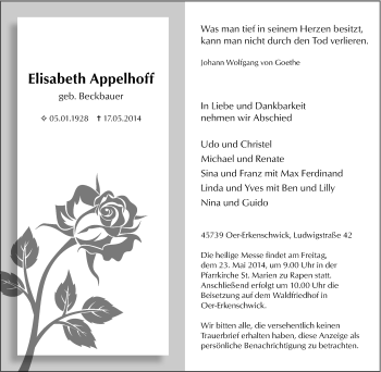 Traueranzeige von Elisabeth Appelhoff von Tageszeitung