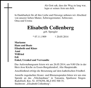 Traueranzeige von Elisabeth Collenberg von Tageszeitung