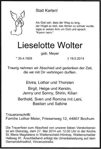 Traueranzeige von Lieselotte Wolter von Tageszeitung
