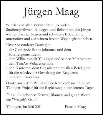 Traueranzeige von Jürgen Maag von Tageszeitung