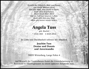 Traueranzeige von Angela Tuss von Tageszeitung