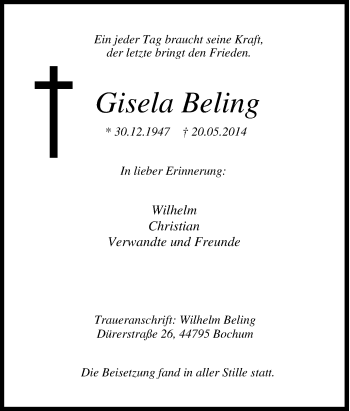 Traueranzeige von Gisela Beling von Tageszeitung