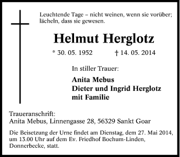 Traueranzeige von Helmut Herglotz von Tageszeitung