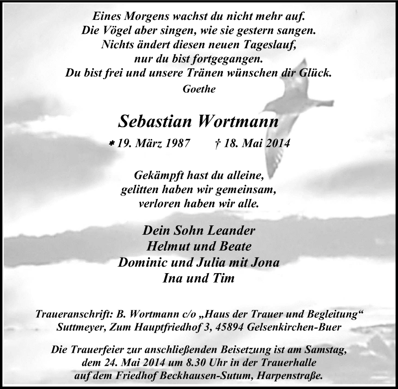  Traueranzeige für Sebastian Wortmann vom 21.05.2014 aus Tageszeitung