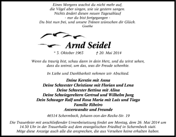 Traueranzeige von Arnd Seidel von Tageszeitung