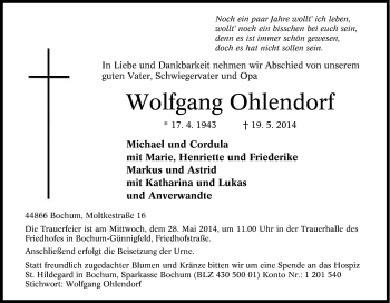 Traueranzeige von Wolfgang Ohlendorf von Tageszeitung