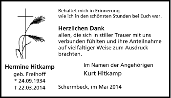 Traueranzeige von Hermine Hitkamp von Tageszeitung