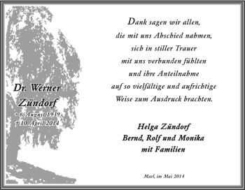 Traueranzeige von Werner Zündorf von Tageszeitung