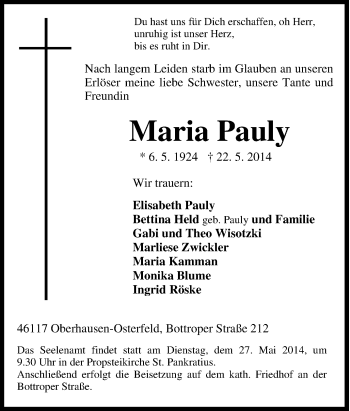 Traueranzeige von Maria Pauly von Tageszeitung