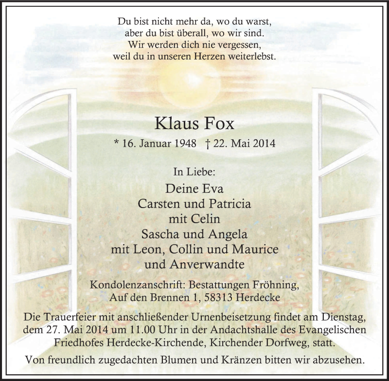  Traueranzeige für Klaus Fox vom 24.05.2014 aus Tageszeitung