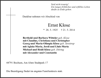 Traueranzeige von Ernst Klose von Tageszeitung