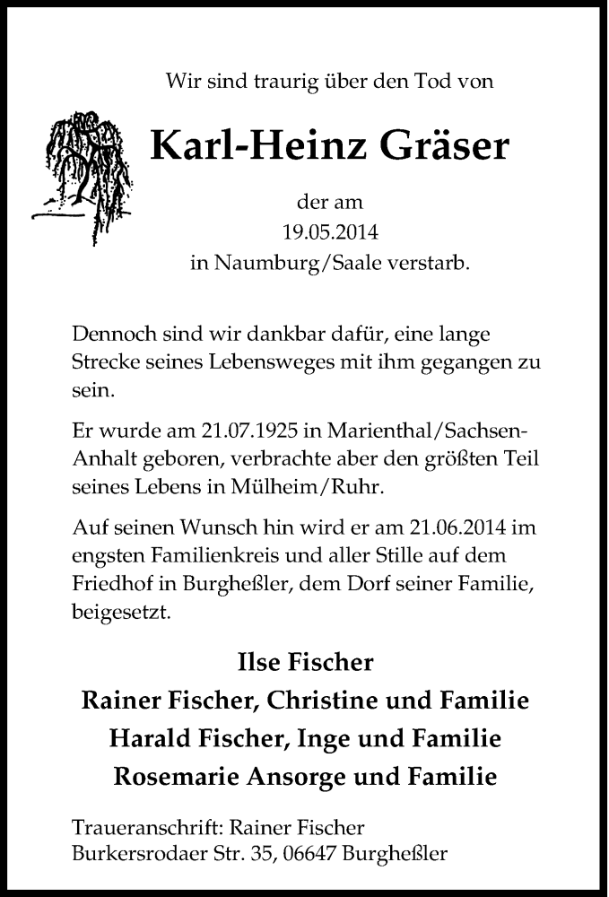 Traueranzeigen von Karl-Heinz Gräser | Trauer-in-NRW.de