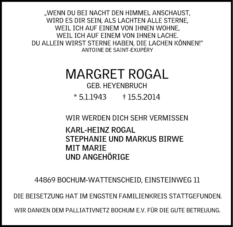  Traueranzeige für Margret Rogal vom 31.05.2014 aus Tageszeitung